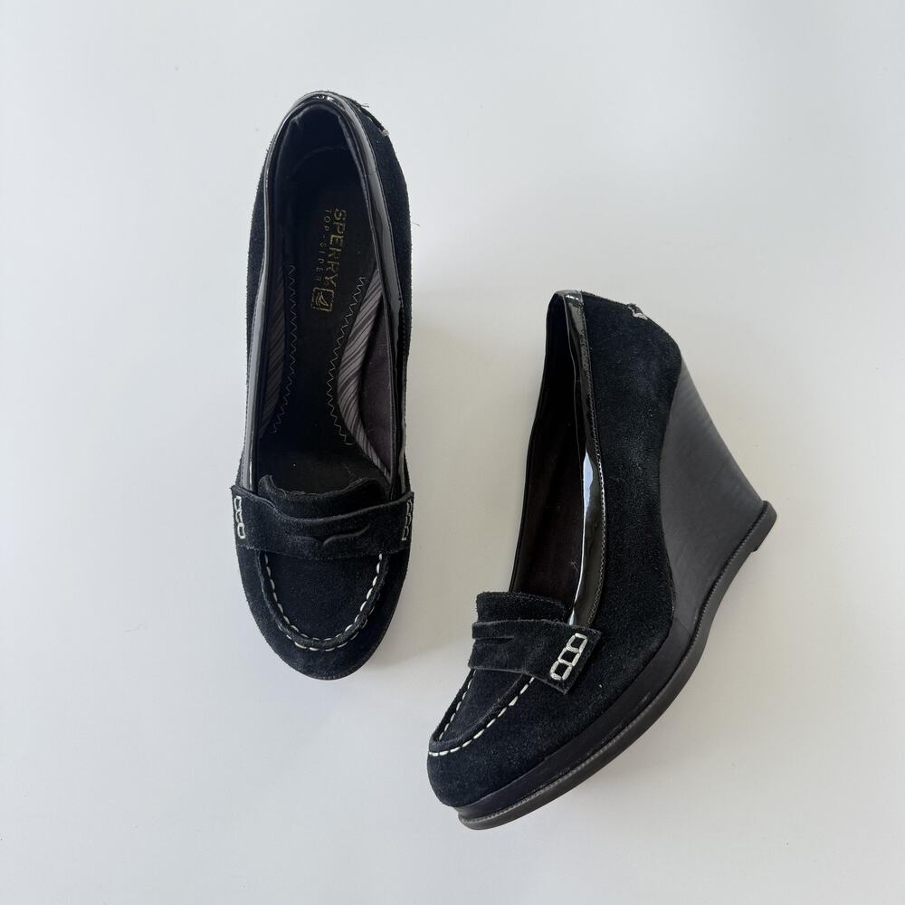 Sperry Top-Sider Heel Shoes Womens Size 7 Black Suede Wedge Loafer Pump Slip On